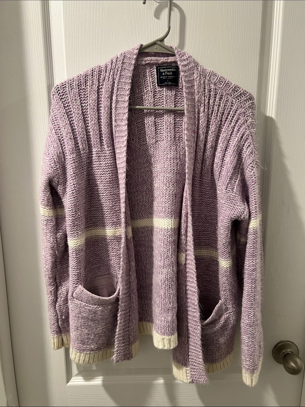 Abercrombie & Fitch Lavender Open-Front Stripe Pocket Cardigan